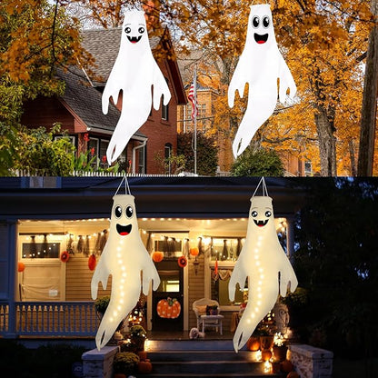 Geefuun 2PCS Warm Halloween CuteGhost Windsocks Hanging Decorations - 43 Inch Flag Wind Socks for Home Yard Outdoor Decor Party Supplies (Batteries Not Included,No Timer)