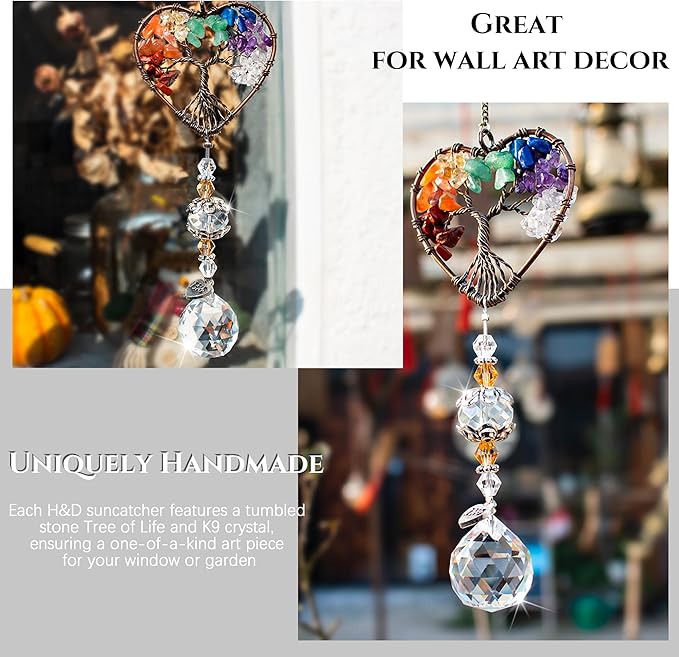 H&D HYALINE & DORA Suncatcher Window Hanging Tree of Life Heart Shaped Crystal Ball Prism Drop Pendant