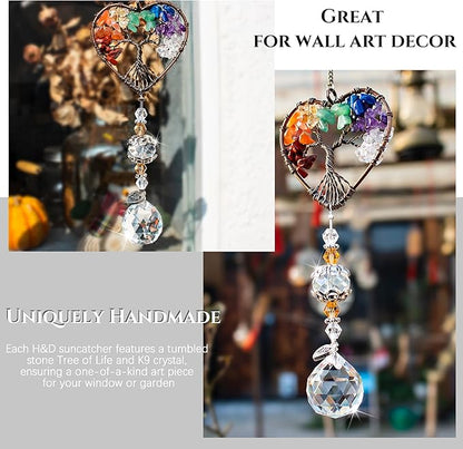 H&D HYALINE & DORA Suncatcher Window Hanging Tree of Life Heart Shaped Crystal Ball Prism Drop Pendant