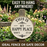 Happy Place – Vintage Statement Metal Sign Round Rustic Wall Decor Funny Garden Sign “This Is My Happy Place Please Respect The Vibe” Metal Hanging Plaque for Front Door Home Office Kitchen (1PCS, 12 * 12in)