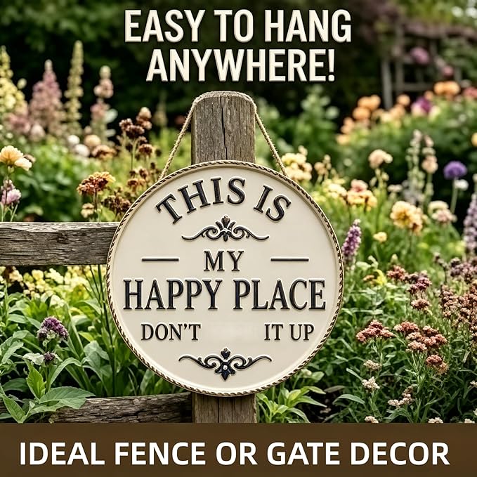 Happy Place – Vintage Statement Metal Sign Round Rustic Wall Decor Funny Garden Sign “This Is My Happy Place Please Respect The Vibe” Metal Hanging Plaque for Front Door Home Office Kitchen (2PCS, 12 * 12in)