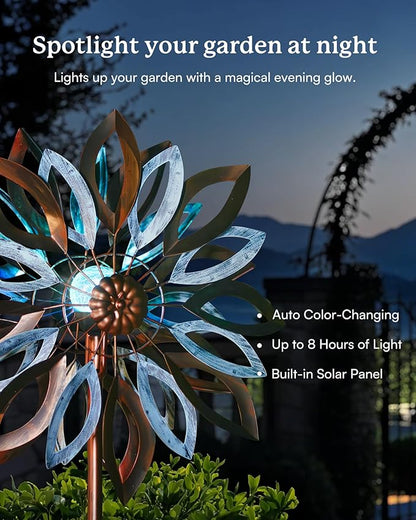 Yard Garden Wind Spinners with Solar Lights, Large Outdoor Metal Wind Spinners, Lawn Yard Art Garden Decor (22" W x 87" H)