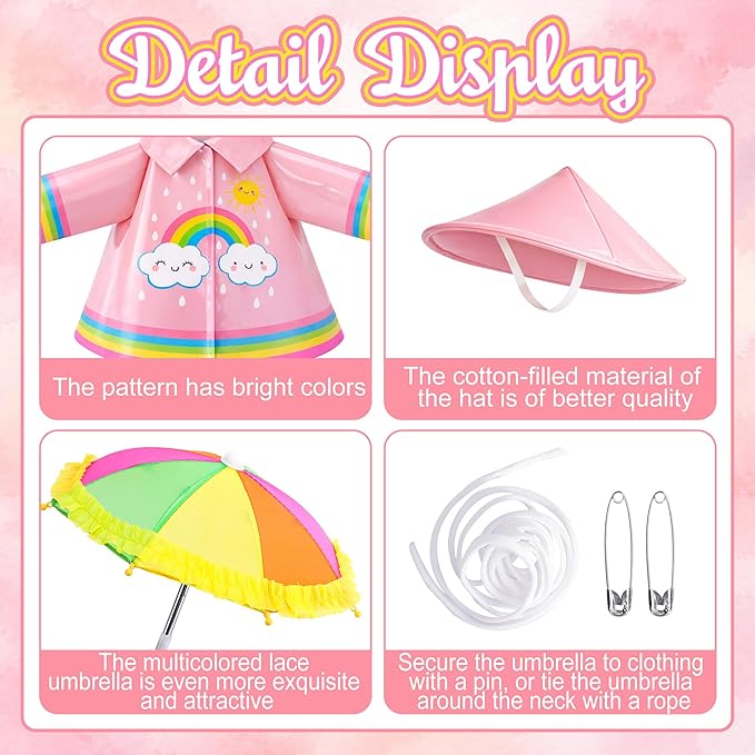 DECOHS 3 Pcs/Set Raincoat Porch Goose Outfits, Summer Lawn Goose Statue Raincoat Costume, Yard Goose Clothes Raincoats Umbrella Hat Outfit for 23" Statue Patio Garden Decoration (Pink Rainbow)