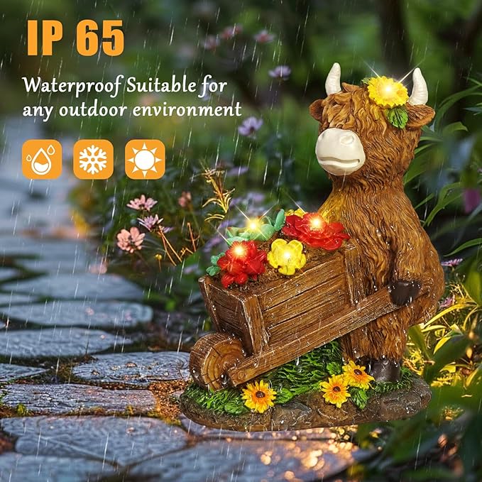 TEDOF Solar Highland Cow Statue with Flower Decor, Funny Outdoor Garden Ornament for Yard Patio Lawn, Birthday Gift for Women Mom