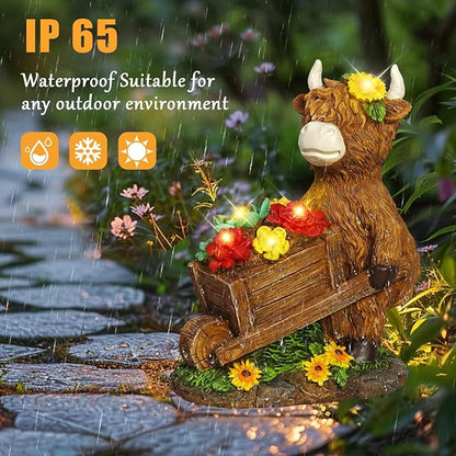 TEDOF Solar Highland Cow Statue with Flower Decor, Funny Outdoor Garden Ornament for Yard Patio Lawn, Birthday Gift for Women Mom