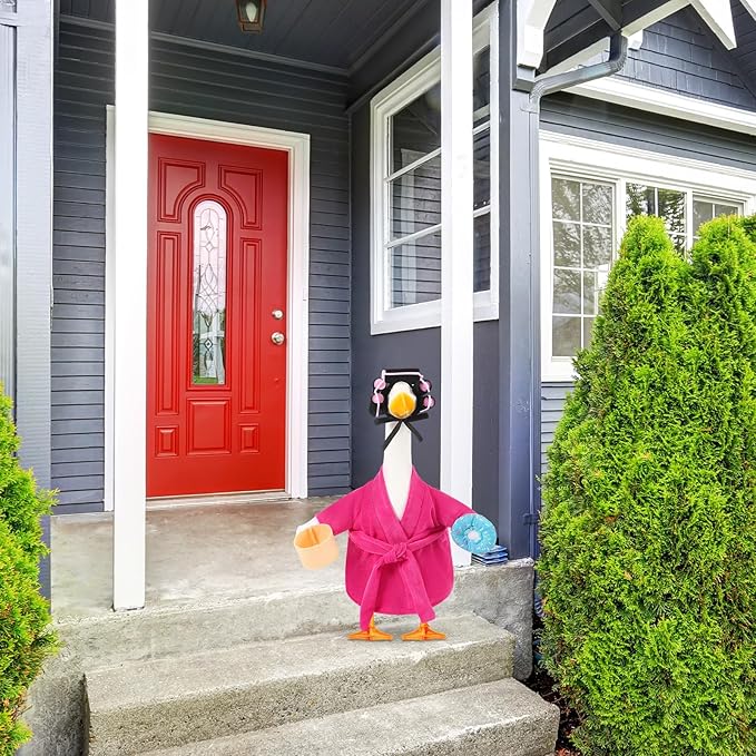 Shyyween Lady Porch Goose Outfit for 17'' Cement Plastic Lawn Goose Statue Clothes Pink Bathrobe Coffee Cup Curlers for Outdoor Garden Yard Patio Decoration