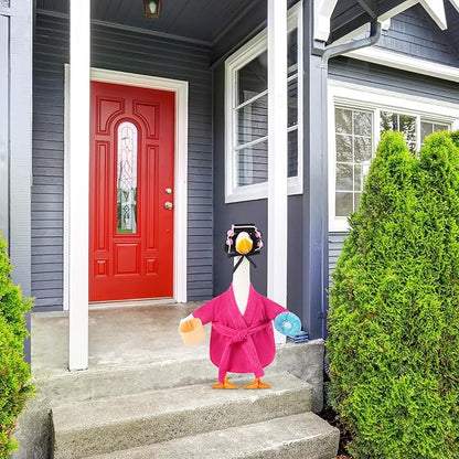 Shyyween Lady Porch Goose Outfit for 17'' Cement Plastic Lawn Goose Statue Clothes Pink Bathrobe Coffee Cup Curlers for Outdoor Garden Yard Patio Decoration