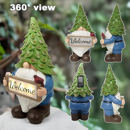 Large Garden Gnome Statue with Solar Lights, 13.5” Welcome Sign Gnome Outdoor Decor for Yard Lawn Patio, Funny Resin Gnome Sculptures, Gifts for Women Mom Grandma,Garden Decor Ornament