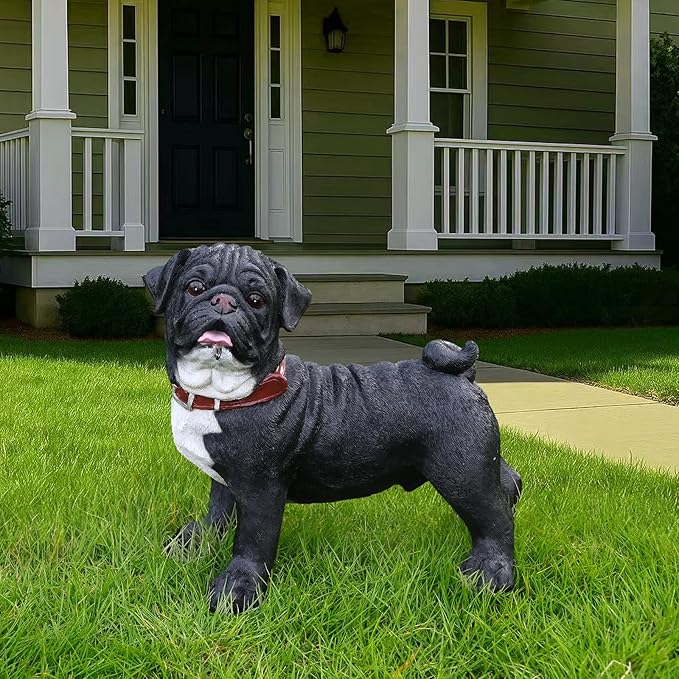 Black Pug Front-Door Greeter with Solar Lantern & Double-Sided Sign, Standing Pug Yard Statue for Planters, Walkways & Porch Seating