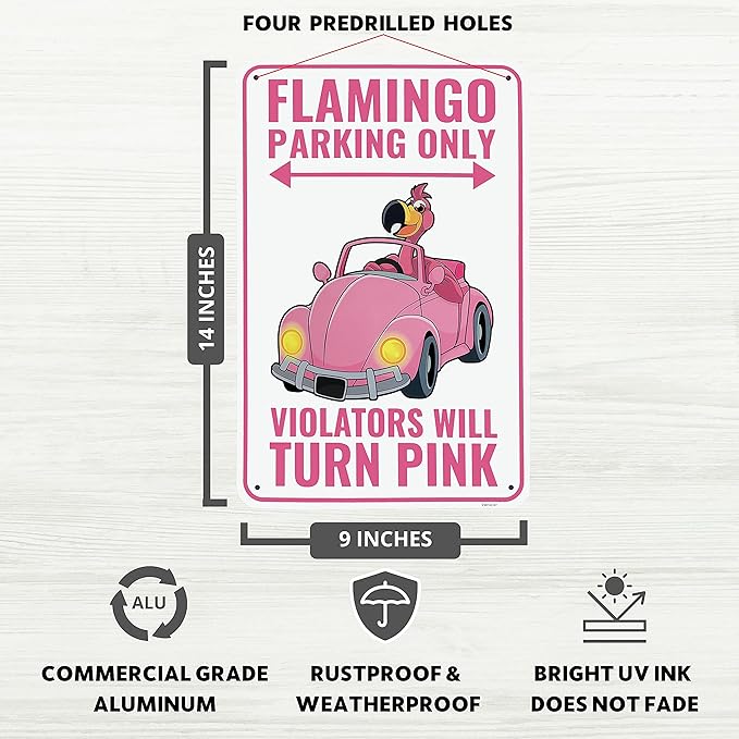Venicor Flamingo Parking Only Sign - 9 x 14 Inches - Aluminum - Pink Flamingo Gifts for Women - Flamingo Decor Metal Wall Art - Outdoor Flamingos Yard Decorations Lawn Party Supplies Merch Stuff