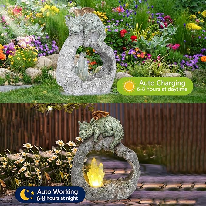 VEEKI Solar Dragon Garden Statues Outdoor, Resin Dragon Statue Solar Figurine Lights Outdoor Waterproof, Solar Sculpture Dragon Decor for Garden Yard Patio, Dragon Gifts for Mom Grandma Women
