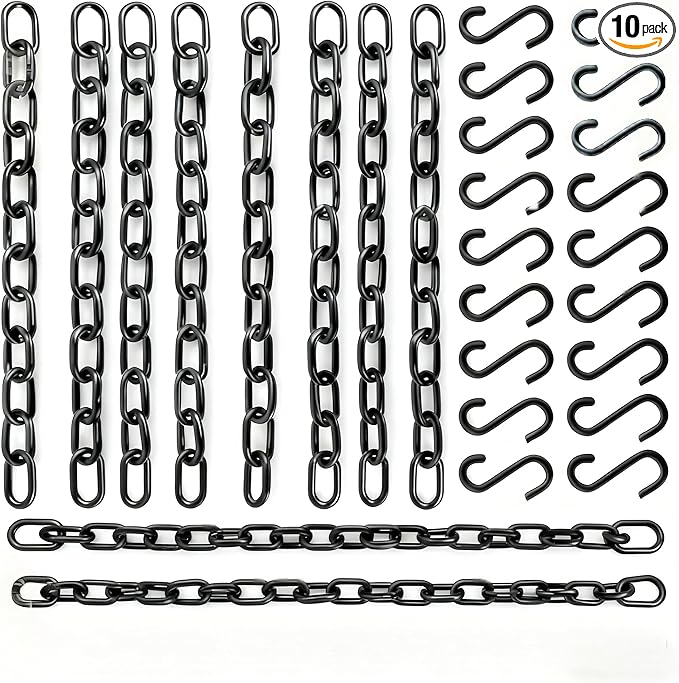 Black Hanging Plant Chains Kit, 10-Inch Adjustable Plant Hangers with Hooks and Clip for Hanging Baskets, Bird Feeders, Wind Chimes, Planters and Porch Signs 10Pack