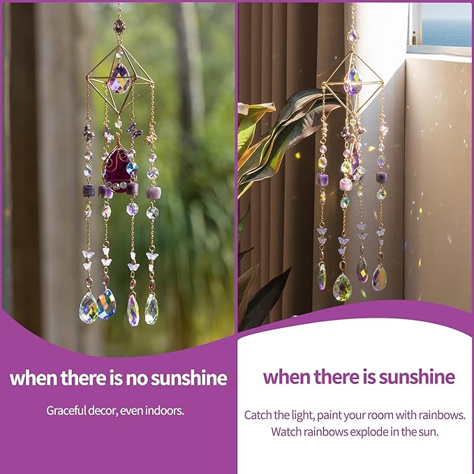 Crystal Suncatchers for Window Hanging Decor Amethyst Prism Sun Catcher Indoor Window Rainbow Maker Crystal Wind Chimes Garden Outdoor Home Decoration
