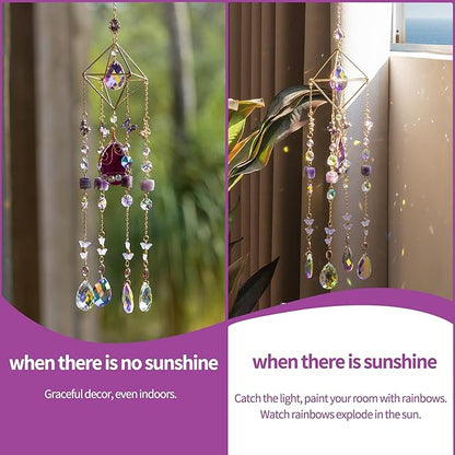 Crystal Suncatchers for Window Hanging Decor Amethyst Prism Sun Catcher Indoor Window Rainbow Maker Crystal Wind Chimes Garden Outdoor Home Decoration