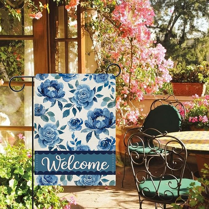 Dyrenson Blue Floral Welcome Decorative Garden Flag, Watercolor Rose Peony Flowers Yard Outside Home Decoration, Spring Summer Burlap Outdoor Small Decor Double Sided 12 x 18
