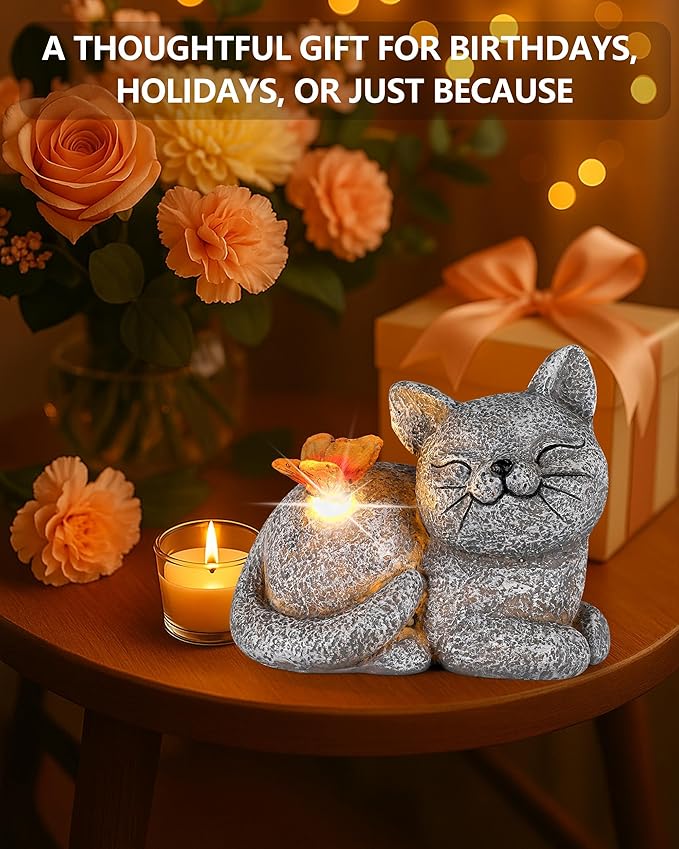 GoGnome Solar Cat Garden Statue with Butterfly Light – 5-Inch Outdoor Resin Figurine for Yard, Patio, Balcony – Gifts for Women, Garden Decor Accent (Cat)