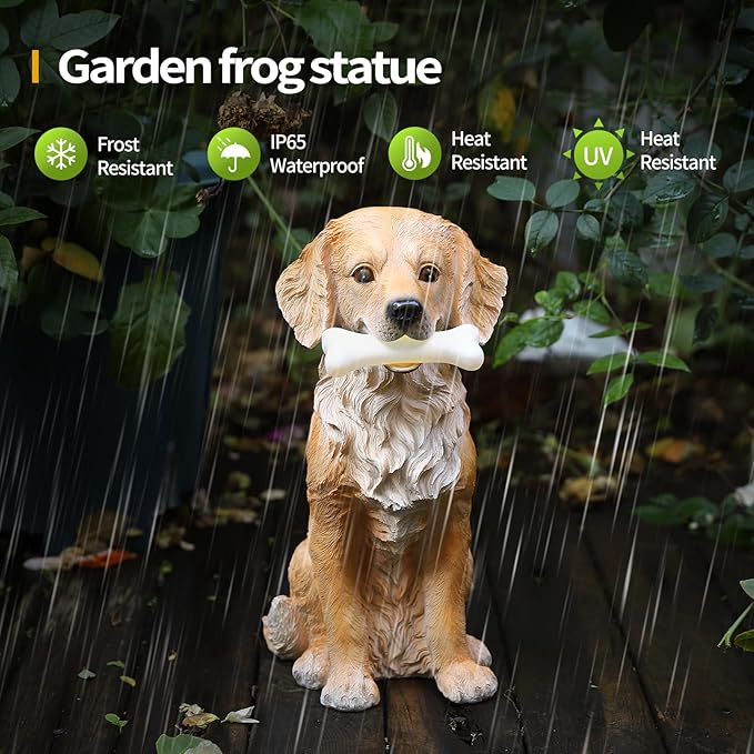 13.6" Solar Golden Retriever Garden Statue with Bone Light, Resin Sitting Dog Outdoor Decor, Waterproof Solar Powered Animal Statue for Yard, Lawn, Garden