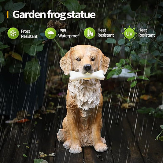 13.6" Solar Golden Retriever Garden Statue with Bone Light, Resin Sitting Dog Outdoor Decor, Waterproof Solar Powered Animal Statue for Yard, Lawn, Garden