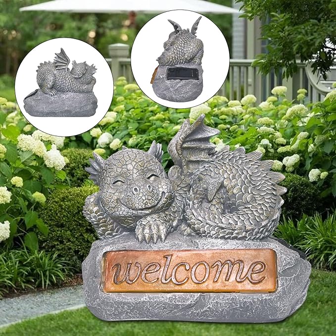 Solar Garden Decorations-Garden Dragon Welcome Display Decorative，Decor for Patio, Yard, Lawn, Pathway, Landescape (Western Dragon Statue)