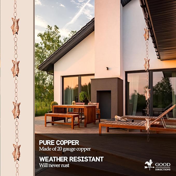 Good Directions 487P-8 Fish Rain Chain - 8.5 ft., with 4 Large Figures, Large Cups 100% Pure Copper