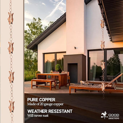 Good Directions 487P-8 Fish Rain Chain - 8.5 ft., with 4 Large Figures, Large Cups 100% Pure Copper