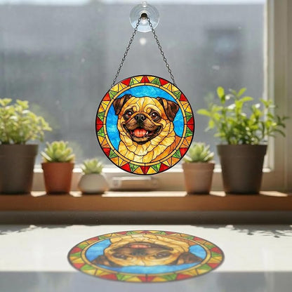 Stained Glass Dog Memorial Suncatcher,Pug Window Hanging,Sympathy Gifts for Pet Loss,7.9 inch/20 cm Home and Garden Decor for Dog Lovers