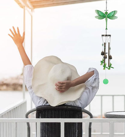 CoTa Global Green Garden Dragonfly Wind Chime - Handmade Glass and Metal Chime - Hanging Decor - Colorful Home Decor Gift, Indoor and Outdoor Hanging Decoration for Porch, Patio, and Garden - 35 Inch