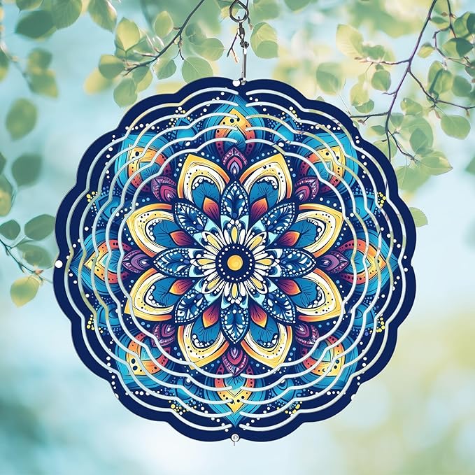 Wind Spinners Outdoor, Hanging Wind Spinner for Garden Decoration, 8 inch 3D Stainless Steel Metal Wind Sculpture for Indoor/Outdoor Decor, Mandala E