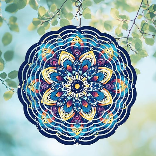 Wind Spinners Outdoor, Hanging Wind Spinner for Garden Decoration, 8 inch 3D Stainless Steel Metal Wind Sculpture for Indoor/Outdoor Decor, Mandala E