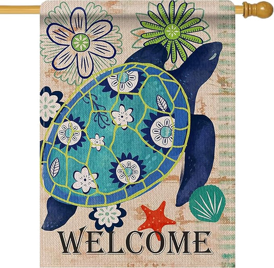 Dyrenson Turtle Beach 28 x 40 House Flag Welcome Summer Double Sided, Tropical Ocean Burlap Garden Yard Decoration Rustic Coastal, Nautical Sea Seasonal Outdoor Décor Decorative Large Flag