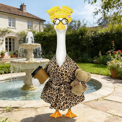 Lady Porch Goose Outfits,Bathrobe Porch Goose Statue Costume with Curlers Reading Glasses Coffee Cup Towel,Cute Goose Clothes for 23-Inch Cement Statue,Lawn Yard Garden Patio Decor（Leopard Print 01）