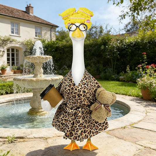 Lady Porch Goose Outfits,Bathrobe Porch Goose Statue Costume with Curlers Reading Glasses Coffee Cup Towel,Cute Goose Clothes for 23-Inch Cement Statue,Lawn Yard Garden Patio Decor（Leopard Print 01）