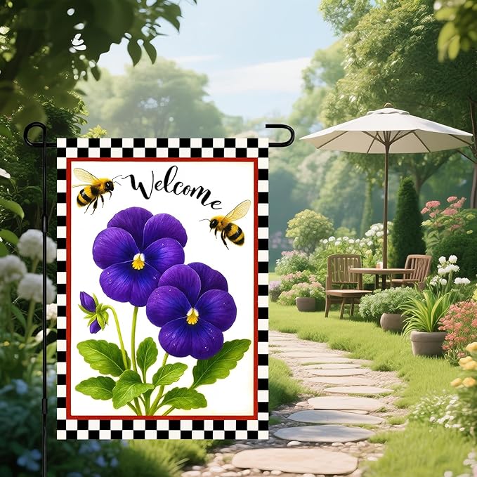 IVN Welcome Garden Flag 12x18 Inch Double Sided Spring Summer Garden Yard Flags Purple Pansy Flowers Bees Decorative Small Flags for Outdoor Seasonal Front Door Lawn Porch Patio Decor Yard Flag