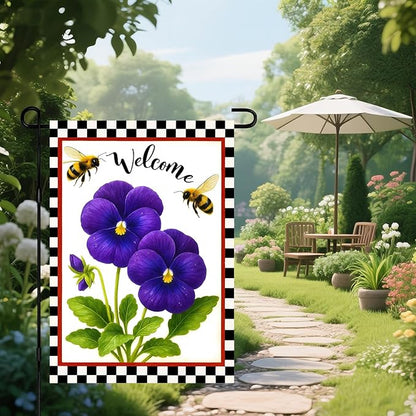 IVN Welcome Garden Flag 12x18 Inch Double Sided Spring Summer Garden Yard Flags Purple Pansy Flowers Bees Decorative Small Flags for Outdoor Seasonal Front Door Lawn Porch Patio Decor Yard Flag