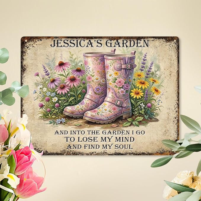 Personalized Garden Signs for Outside Custom Metal Tin Sign for Women, Funny Retro Welcome Metal Sign for Patio, Yard Rustic Home Decor Gifts for Mothers Day, Grandmas, and Gardening Lovers