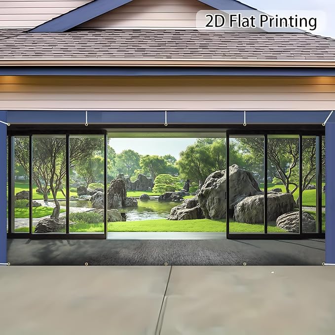 Garage door banner cover, 6x13 ft Spring Japanese Garden Backdrop, Courtyard Background Decoration Photo Banner (Japanese Garden)