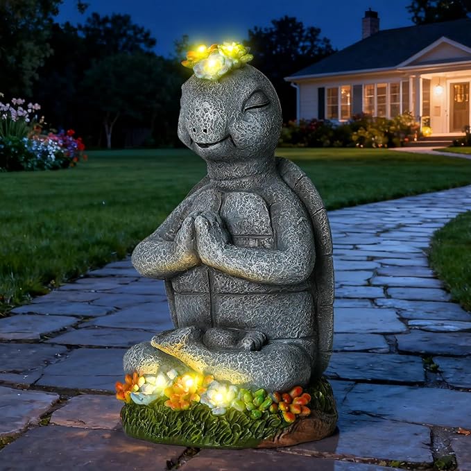 Meditating Turtle Garden Statue with Solar LED Lights - Zen Yoga Turtle Figurine with Succulents, 8.7-Inch Resin Garden Decor, IP65 Waterproof Outdoor Sculpture, Unique Birthday Gifts for Women Mom