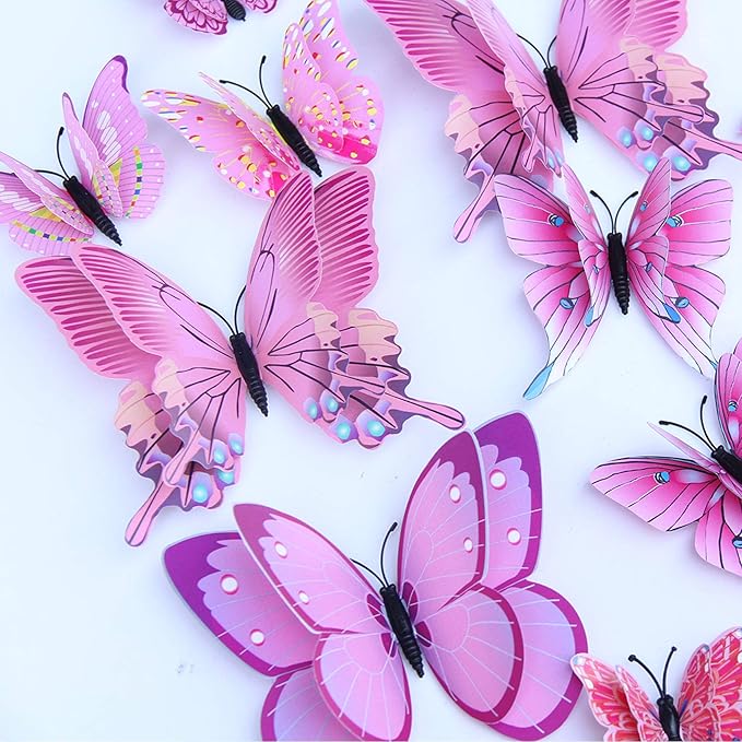 FENELY Butterfly Garden Decor Stakes,Double Wing Waterproof 3D Pink Butterflies Garden Ornaments Outdoor Decorations for Patio Lawn Yard PVC Gardening Art Christmas Whimsical Gifts