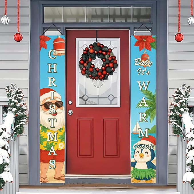 Tropical Christmas Porch Banner 12x71 Inch Beach Santa Penguin Christmas Door Banner Holiday Front Door Decor Outdoor Hanging Sign for Winter Christma Decorations Xmas Porch Sign for Front Door Outdoor Winter Home Decor