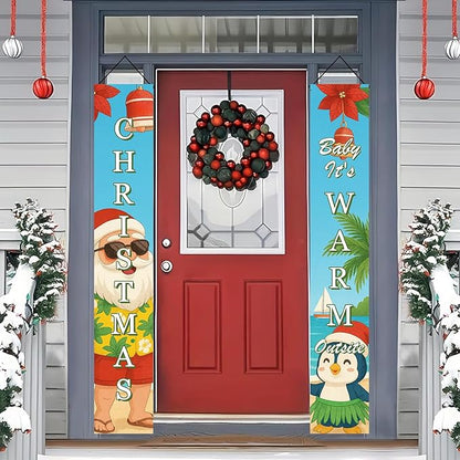 Tropical Christmas Porch Banner 12x71 Inch Beach Santa Penguin Christmas Door Banner Holiday Front Door Decor Outdoor Hanging Sign for Winter Christma Decorations Xmas Porch Sign for Front Door Outdoor Winter Home Decor