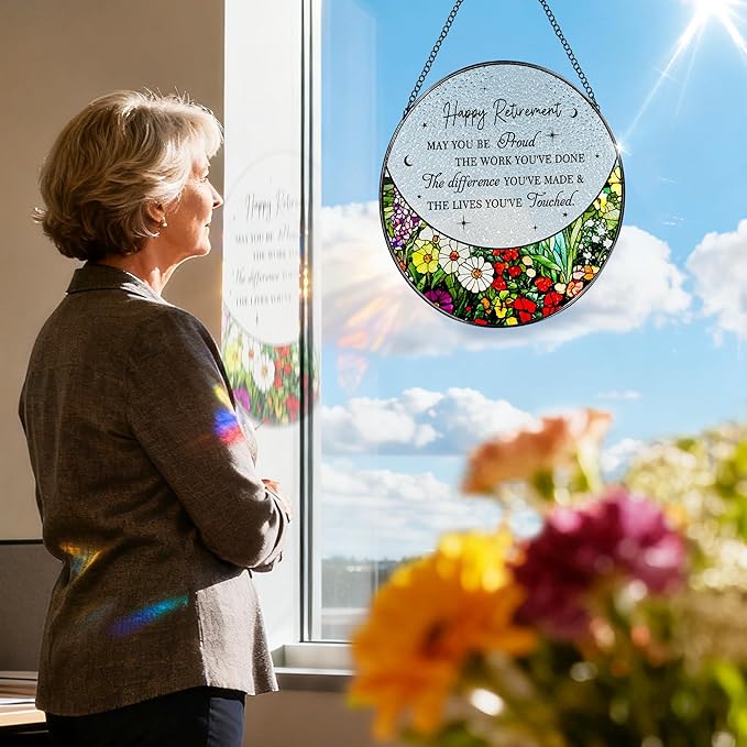 8” Stained Glass Suncatcher Ornament – Floral Retirement Window Hanging Decorations, Retirement Gifts & Retired Gifts for Women, Men, Friends, Coworkers, Teachers - Style A