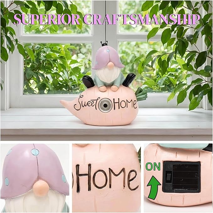 Garden Gnomes Outdoor, Solar Ladybug Gnome Garden Statue & Fairy Garden Accessories, Funny Garden Gnome Yard Ornaments & Lawn Statues, Resin Decor Gnomes Gifts for Women Mom