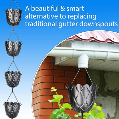 RainChains Pacific Fluted Scalloped Rain Chain 8.5ft Black Aluminum Rain Chain for Heavy Rain Premium Decorative Gutters.