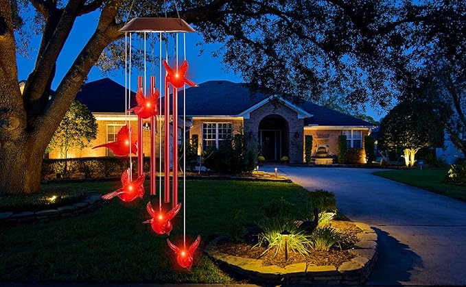 Cardinal Solar Wind Chimes for Outside, Solar Powered Chime Light, Cardinal Wind Chimes for Loss of Loved One,LED Windchimes Outdoor Cardinal Gifts for Home Garden Decor