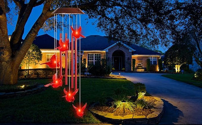 Cardinal Solar Wind Chimes for Outside, Solar Powered Chime Light, Cardinal Wind Chimes for Loss of Loved One,LED Windchimes Outdoor Cardinal Gifts for Home Garden Decor