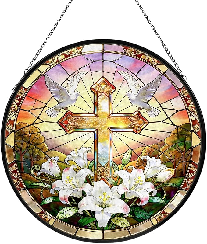 Cross Stained Glass Window Hanging, Flower Suncatcher Diamond Glass Panel Hangings, Sun Catchers Indoor Windows Wall Art Decor, Pastor Christian Gift, for Home Office 7.87 inches