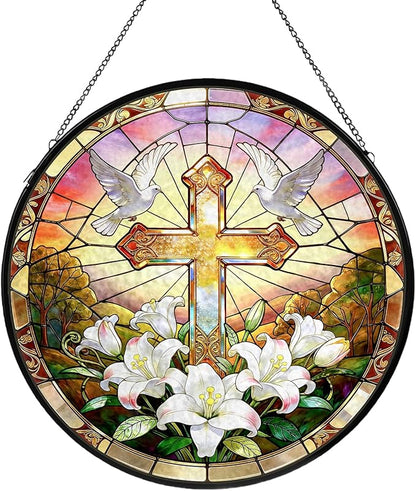 Cross Stained Glass Window Hanging, Flower Suncatcher Diamond Glass Panel Hangings, Sun Catchers Indoor Windows Wall Art Decor, Pastor Christian Gift, for Home Office 7.87 inches