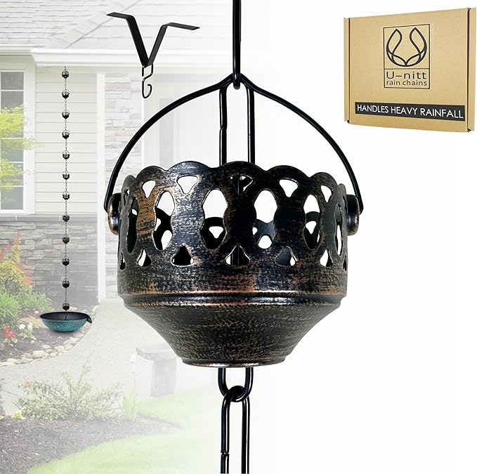 U-nitt Rain Chain Water Collection for Gutters Rainwater Catcher & Diverter, 8.5 FT Chains for Outside Garden, Antique Copper Cups, Roof Downspout, Works with Heavy Rain, w/ Gutter Clip for Rainchains