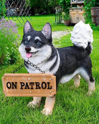 Solar Akita Garden Statue with Lantern & Double-Sided Sign - Outdoor Dog Decor for Yard, Patio, Porch - Resilient Resin Puppy Sculpture, Auto On/Off Solar Path Lights - Dog Memorial Gift