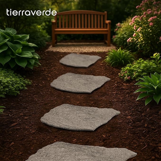 TierraVerde 4-Pack 18”x22” Natural Rock Rubber Stepping Stones, Grey – Non-Slip Outdoor Faux Decorative Set for Landscaping & Gardening – DIY Decor for Walkways & Yard Pathways
